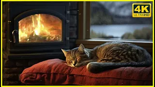 🔥 Sleep in Cozy Ambience / Relax with Purring Cat, Crackling Fireplace and Rain sound 4K