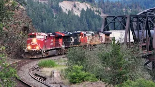 Three Different Railroads Overpower Small CP Freight Train, Over Cisco Bridges, In The Fraser Canyon