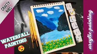 waterfall arcylic painting for beginners 😍| easy waterfall painting step by step|waterfall landscape