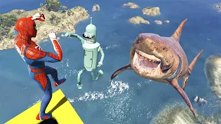 GTA 5 Water Ragdolls |  MEGALODON vs SPIDERMAN Jumps/Fails (Funny Moments) Ep.43