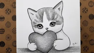 Easy How To Draw Cat Holding Heart Step by Step, Pencil Charcoal Drawings Easy