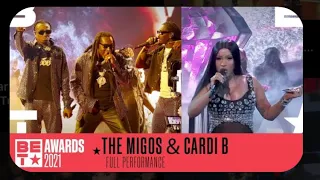 Migos ( Quavo , Offset and Takeoff ) and Cardi B performing at the BET awards in 2021 RIP TAKEOFF