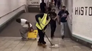 NYC homeless man poops in mop bucket
