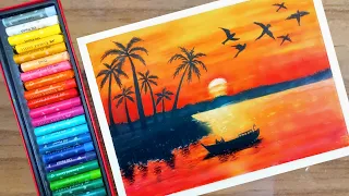 Easy Sunset Scenery Drawing With Oil Pastels | How to draw sunset scenery drawing