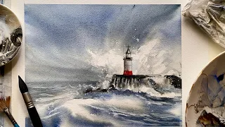 Paint A STORMY SEA & SKY Loose Watercolor Landscape Painting, CRASHING WAVES Watercolour Tutorial