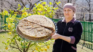 Village Woman Cooked Kutab with chestnut which she picked from the harvest - Azerbaijan cuisine