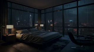New York apartment with soft rain sounds on widow for sleeping, dark screen, meditation, asmr sounds