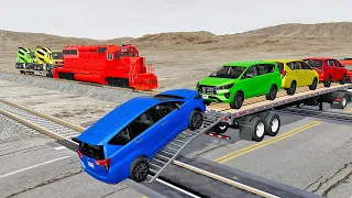 Flatbed Trailer Cars Transportation with Truck - Speedbumps vs Cars vs Train - BeamNG.Drive #4