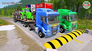 Double Flatbed Trailer Truck Tractor vs Train cars vs rails beamng dior games 597