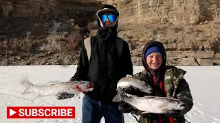 Ice fishing for huge Rainbow Trout! Starvation Res!