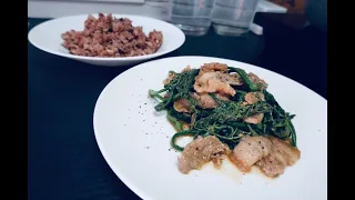 THAI FOOD: Home made chayote leaves with pork belly stir-fried.