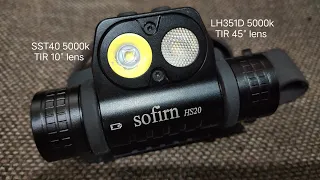 Sofirn HS20 headlamp, Spotlight - SST40 5000k TIR lens 10°, Flood light - LH351D 5000k TIR lens 45°