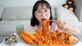 두찜 로제찜닭 먹방🧡말캉한 당면이 한가득🥹(ft. 왕새우튀김,납작만두,날치알주먹밥) REALSOUND MUKBANG | Jjimdak :D