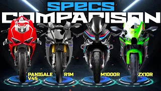 2024 Ducati Panigale V4S 🆚️ Yamaha R1M 🆚️ BMW M1000RR 🆚️ Kawasaki ZX10R | Specs Battle 🔥