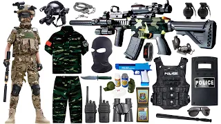 Special police weapon toy set unboxing, M416 rifle, AK47, sniper gun, bomb dagger, gas mask