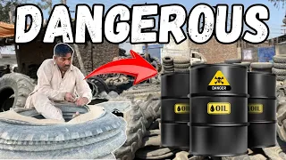 Amazing Process of old Tyre Recycling for oil Making | Dangerous Method of cutting old tires