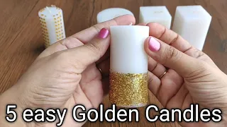 How to make Golden Candles / Metallic Candles / Glitter Candle / Diy Candles / 5 easy candle craft