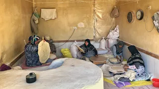 How 4 rural women in Iran baking bread in a shop. Village bread recipe. Village life.