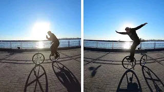 Circus Performer Jumps From One Unicycle To Another