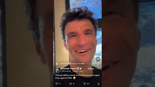 Thomas Müller reacts to the Champions League draw against PSG.