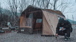 Relaxing Camping in Rain with My Dog . Cabin Tent . Campfire ASMR