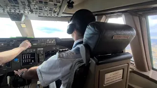 Cockpit view.  BOEING 747 TAKEOFF from larnaca, cypress.   runway 22, left turn to the sea.