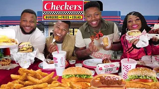 Checkers Family Mukbang, Triple Cheeseburger, Chili Cheese Dog, Wings and more