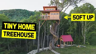 TINY HOME TREEHOUSE 50ft UP IN THE AIR! Off-Grid Airbnb Treehouse Tour