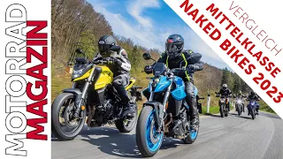 Nakedbike Vergleich 2023 – Fünf Mittelklasse Nakeds – Hornet und GSX-8S vs. Duke, Trident und MT-07