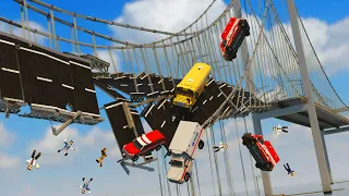 Cars Fall on Dynamic Suspension Bridge with Ragdolls | Teardown
