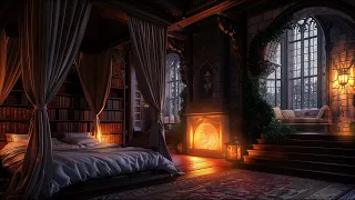 Nighttime Thunderstorm in this Cozy Castle Room with Rain and Fireplace Sounds to Sleep Peacefully