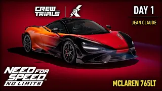 Need For Speed: No Limits || McLaren 765LT || Crew Trials - Day 1 Jean Claude #gameplay #gaming