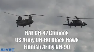 RAF CH-47 Chinook, US Army UH-60 Black Hawk, Finnish Army NH-90 Flypast Landing Taxi