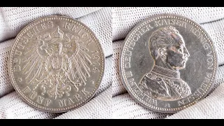 Обзор монет: Германская Империя 5 марок 1914 г. Вильгельм II. Deutsche Reich 5 Mark 1914 Wilhelm II.