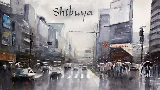 Watercolor painting demo - Shibuya, Tokyo - Busy street scenery painting