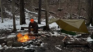 Winter Tarp Camping in a Snowy Valley
