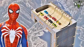 CARROS na Rampa Reta com Homem Aranha e Heróis! Desafio com Carros - GTA V Mods - IR GAMES