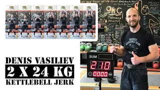 Denis Vasiliev | Jerk with two 24 kg kettlebells -  210 reps in 10 minutes (2018)