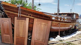 Building designer doors with scrap wood and a router for our wooden boat — Sailing Yabá 126