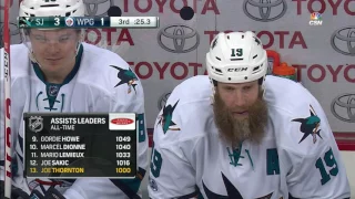 Thornton collects his 1000th assist on Pavelski's goal