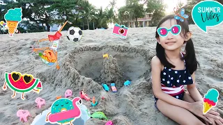 Savannah and Daddy Pretend Play Building Sand Castle At The Beach