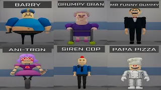 All Morphs Unlocked Barry's Prison Run Obby ROBLOX Papa Pizza Siren Cop Ani Tron Grumpy Gran MRDummy