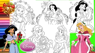 Coloring Disney Princess Jasmine Ariel Snow White Aurora & Belle - Christmas Holiday Coloring Pages