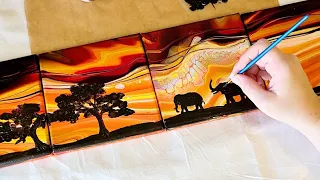 Safari ELEPHANTS! Ribbon acrylic pour technique with embellishments 🐘