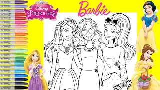 Barbie and Friends Makeover as Disney Princess Snow White Rapunzel and Belle Coloring Book Page