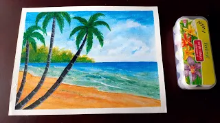 Acrylic Painting Beach With Coconut Trees || How to Paint Scenery of Sea beach Step by step