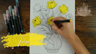 Coloring gorgeous tulips in a vase - adult coloring pages | Soul Coloring #coloring #coloringpages