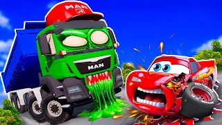 Big & Small:McQueen and Mack Truck VS MAN euro Truck ZOMBIE MEGA SLIME Trailer cars in BeamNG.drive