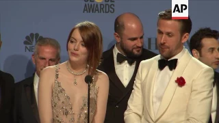 'La La Land', 'Moonlight' teams backstage at Golden Globe Awards