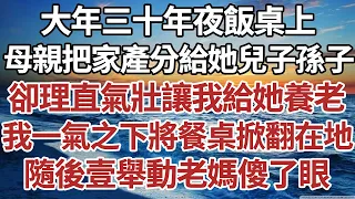 大年三十年夜飯桌上，母親把家產都分給她兒子孫子，卻理直氣壯讓我給她養老。 我一氣之下將餐桌掀翻在地，隨後一舉動老媽傻了眼。#家庭#情感故事 #中老年生活 #中老年 #深夜故事 【孤燈伴長情】